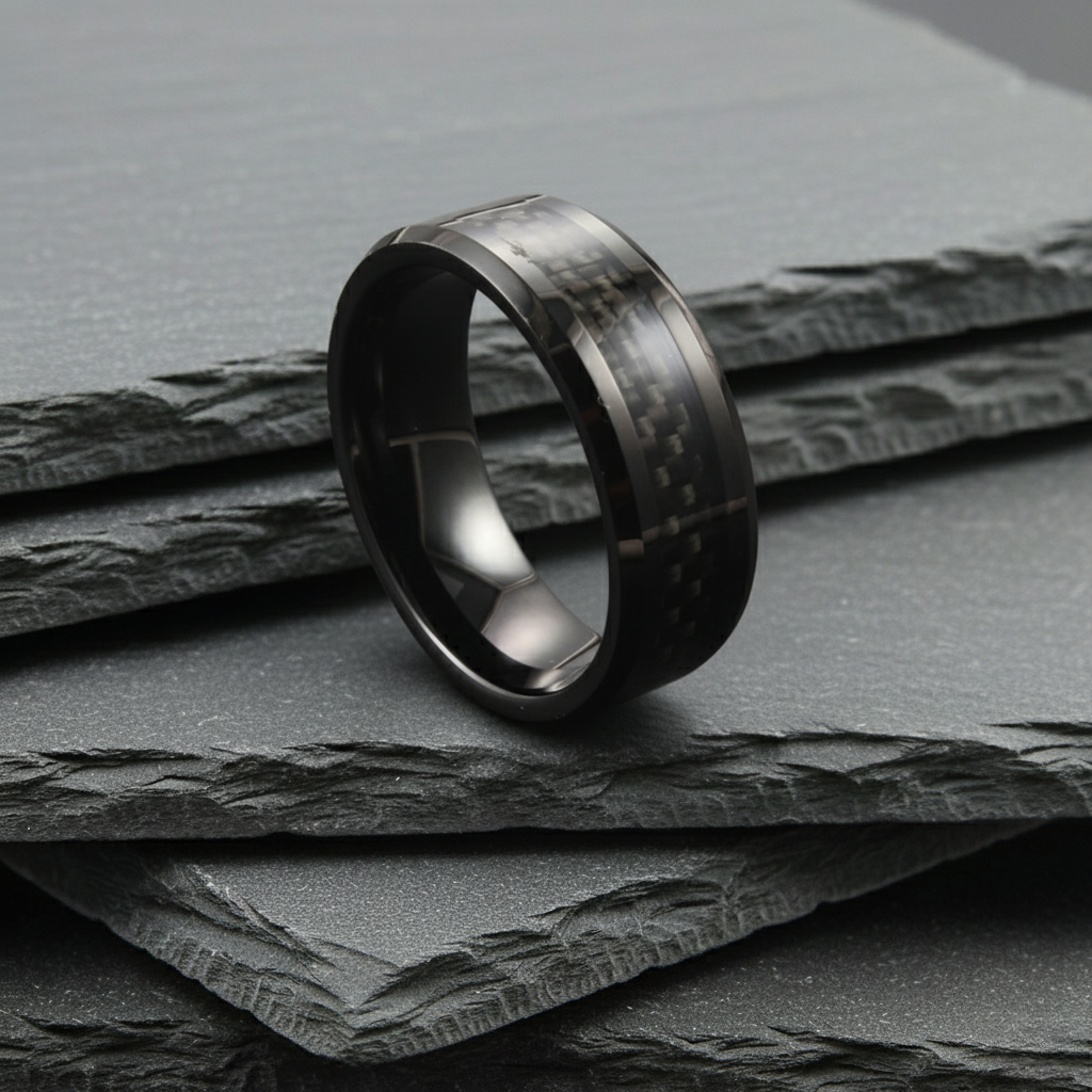 The Arcturus - 8mm Black Tungsten & Carbon Fibre Ring
