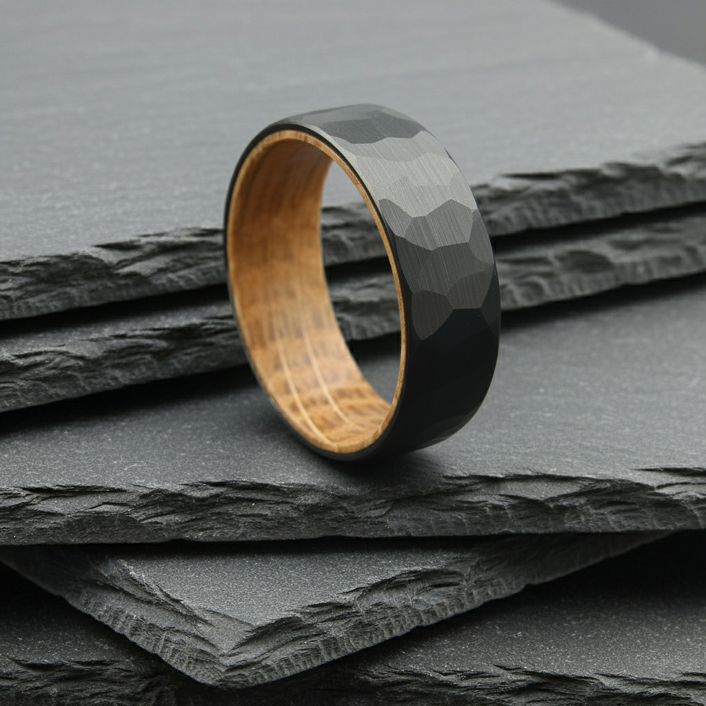 The Vega - 8mm Black Brushed Hammered Tungsten & Whisky Barrel Wood Ring
