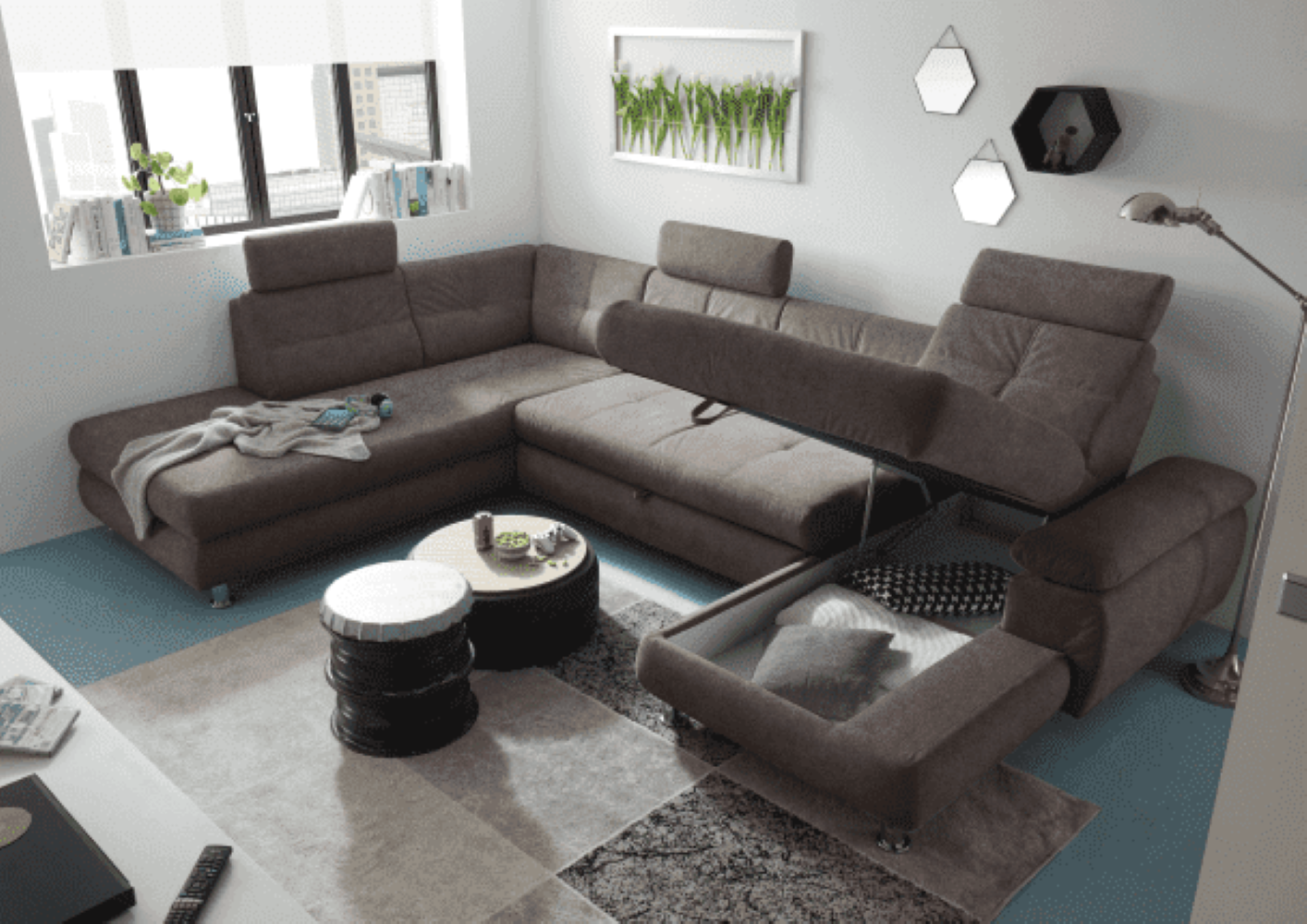 Wohnlandschaft Alba von ED Exciting Design mit Schlaffunktion & Bettkasten – U-Form Sofa aus hochwertigem Brego-Stoff