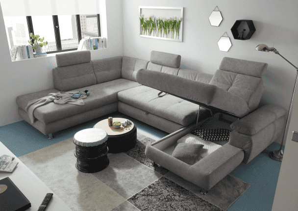 Wohnlandschaft Alba von ED Exciting Design mit Schlaffunktion & Bettkasten – U-Form Sofa aus hochwertigem Brego-Stoff