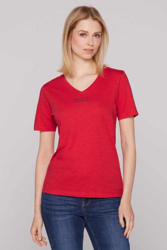 SOCCX Basic T-Shirt mit V-Ausschnitt und Logo