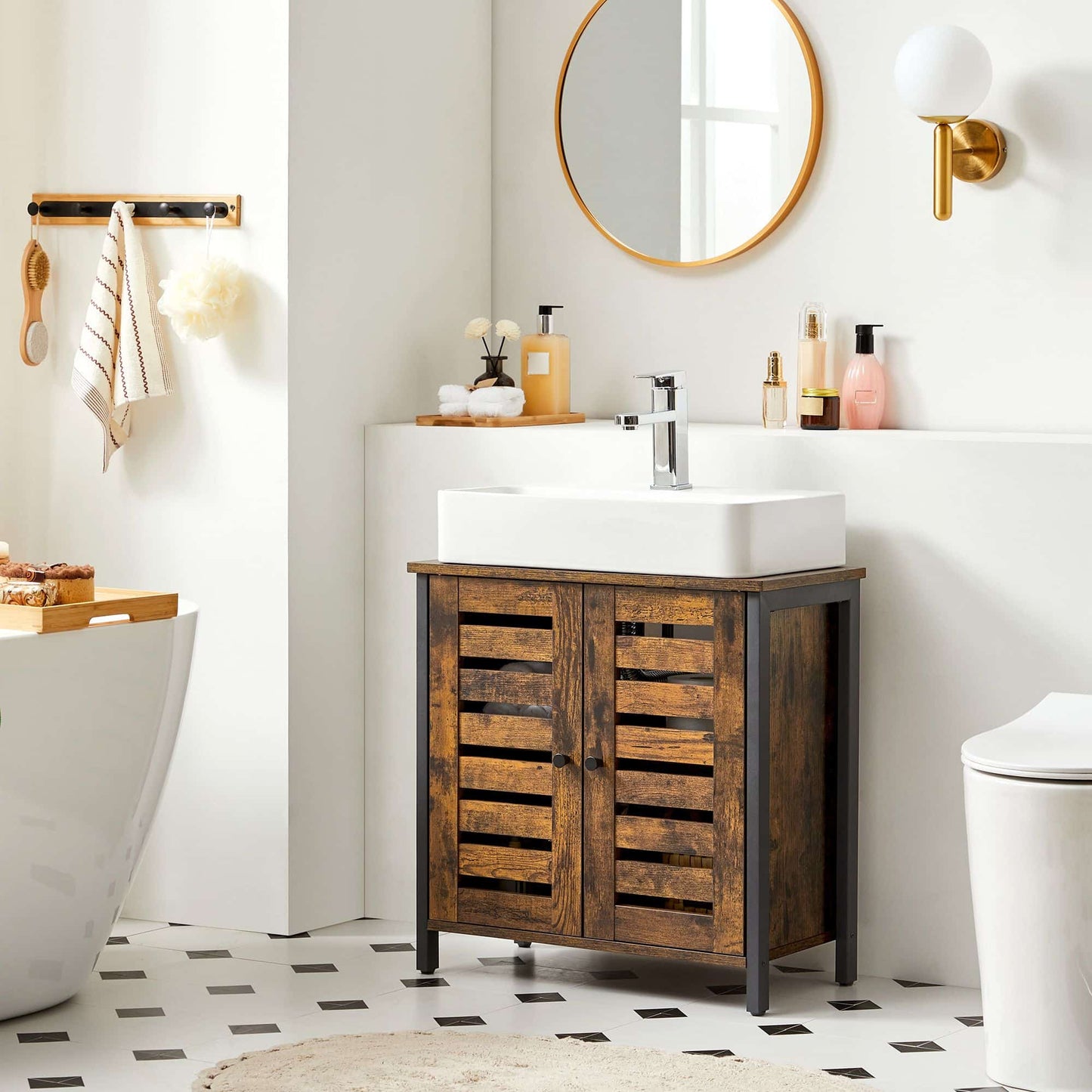 VASAGLE Waschbeckenunterschrank - Industrie-Design Badschrank in Vintagebraun-Schwarz, 60 x 30 x 60 cm, mit 2 Lamellentüren, Stahlgestell, verstellbarem Einlegeboden - Ratenzahlung und kostenlose Lieferung bei Myhomelando