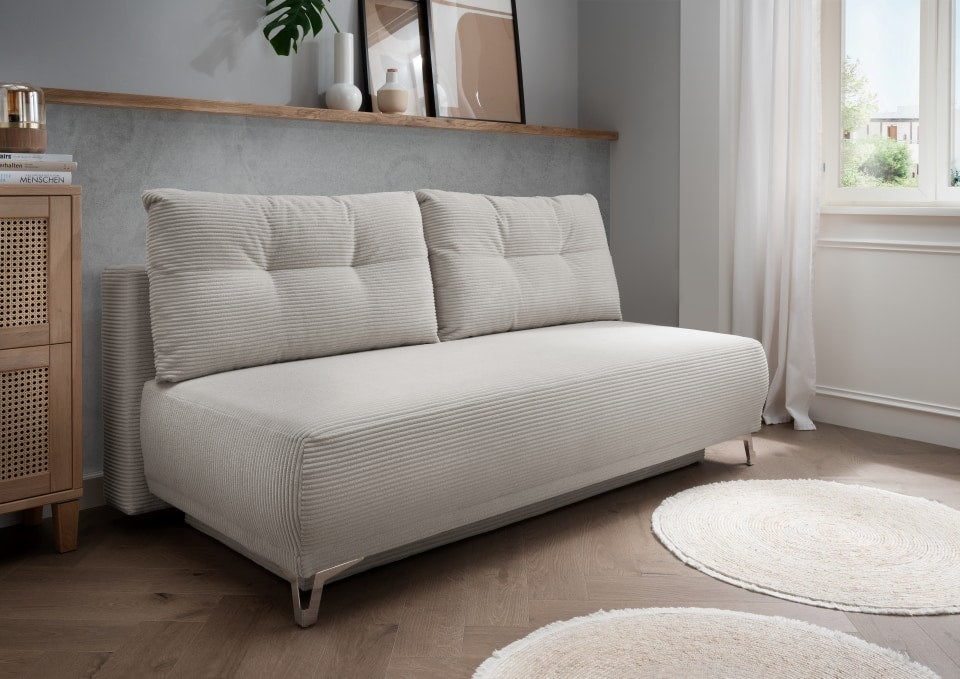 Benformato Ari Sofa mit Schlaffunktion und Bettkasten in Breitcord – Verfügbar in Beige, Silber, Moosgrün