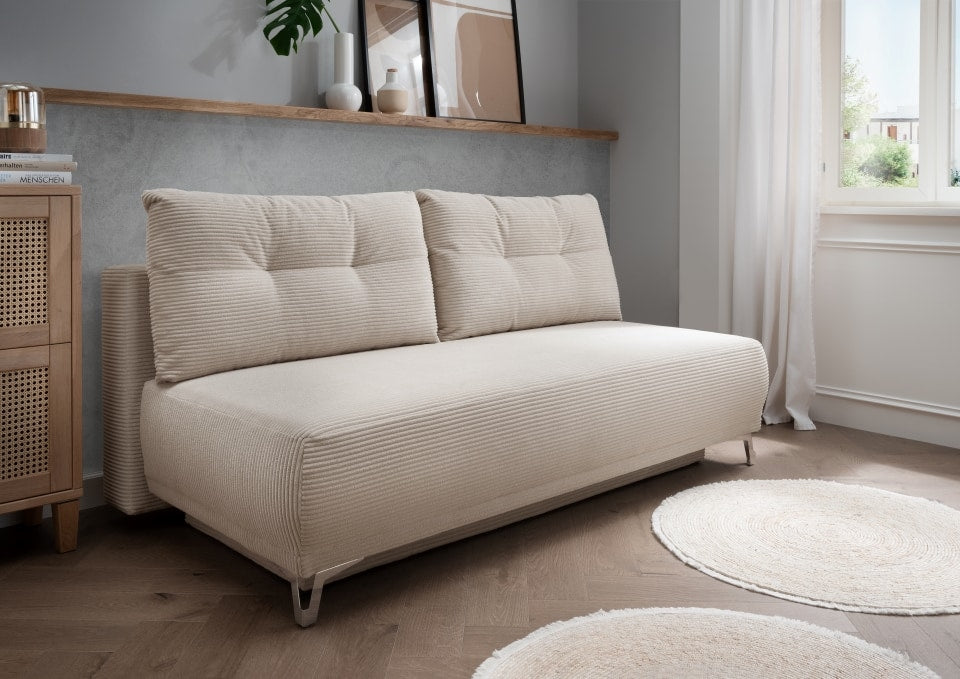 Benformato Ari Sofa mit Schlaffunktion und Bettkasten in Breitcord – Verfügbar in Beige, Silber, Moosgrün