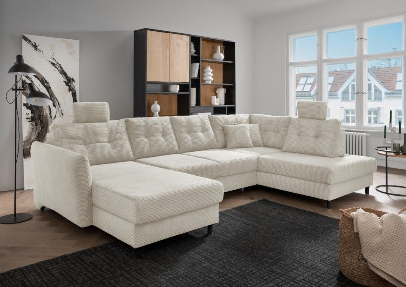 Brizzini Wohnlandschaft von Benformato wählbar in der Farbe Beige & Aqua: Vielseitiges Komfort-Sofa mit Schlaffunktion, verstellbaren Armlehnen und Stauraum