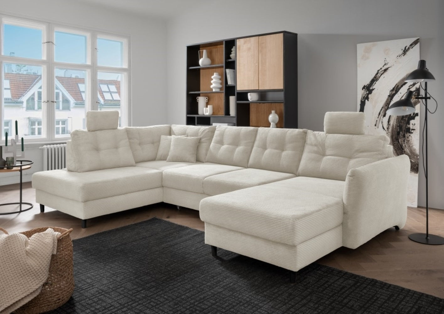 Brizzini Wohnlandschaft von Benformato wählbar in der Farbe Beige & Aqua: Vielseitiges Komfort-Sofa mit Schlaffunktion, verstellbaren Armlehnen und Stauraum