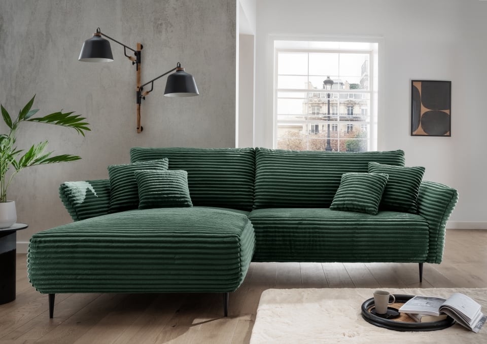 Benformato Sofa Vanilla – Hochwertiges Breitcord-Sofa mit verstellbaren Armlehnen in grau oder moosgrün, beidseitig montierbar, komplett bezogen, Ratenzahlung möglich