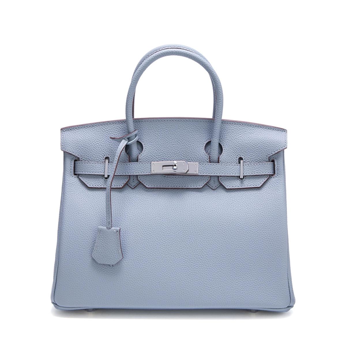 Neue Tasche aus Platin mit silberner Schnalle aus Metall, echtes Leder, große Kapazität, handliche Damentasche, Umhängetasche aus Rindsleder mit Litschi-Muster 35x18x25cm without shoulder strap hellblaue
