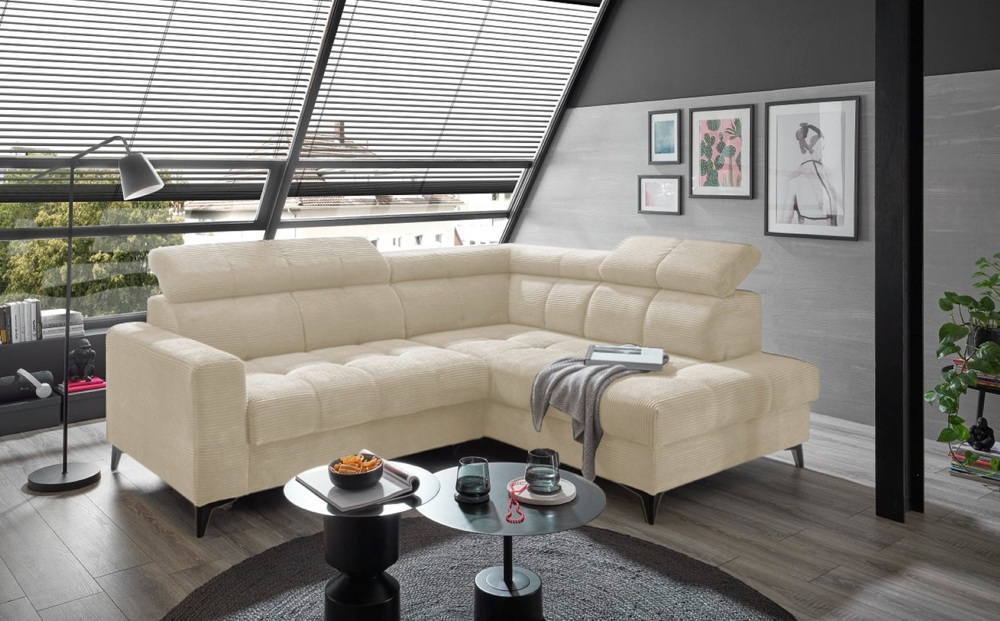 Ecksofa Bavaro elektronischer Sitztiefenverstellung und Breitcord-Bezug Ed Exciting Design