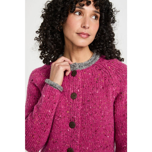 Glenariff Ladies Raglan Donegal Tweed Cardigan - Pink/Grey