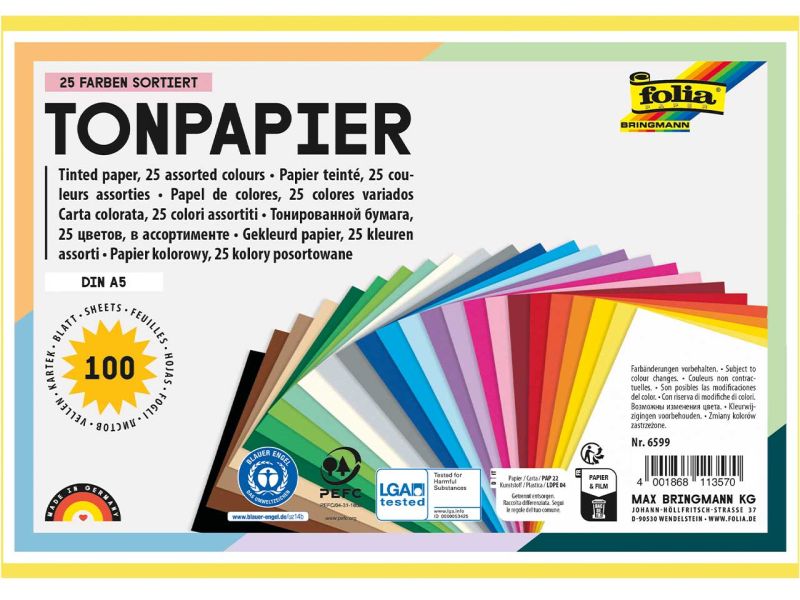 Folia Tonpapier, DIN A5, 130 g/m², 100 Blatt in 25 Farben sortiert