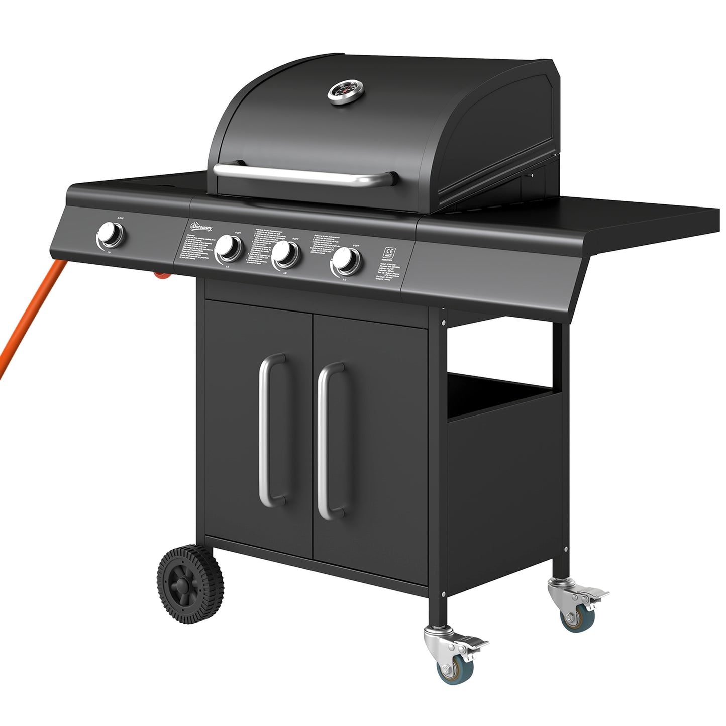 Outsunny Gasgrill 12,2 KW 3+1 Brenner BBQ Grillwagen aus Edelstahl inkl Rolle Seitenbrenner Thermometer Grillrost Kochfeld Seitentisch Gas-Grill für Balkon Camping 118,5 x 56 x 110 cm Aosom