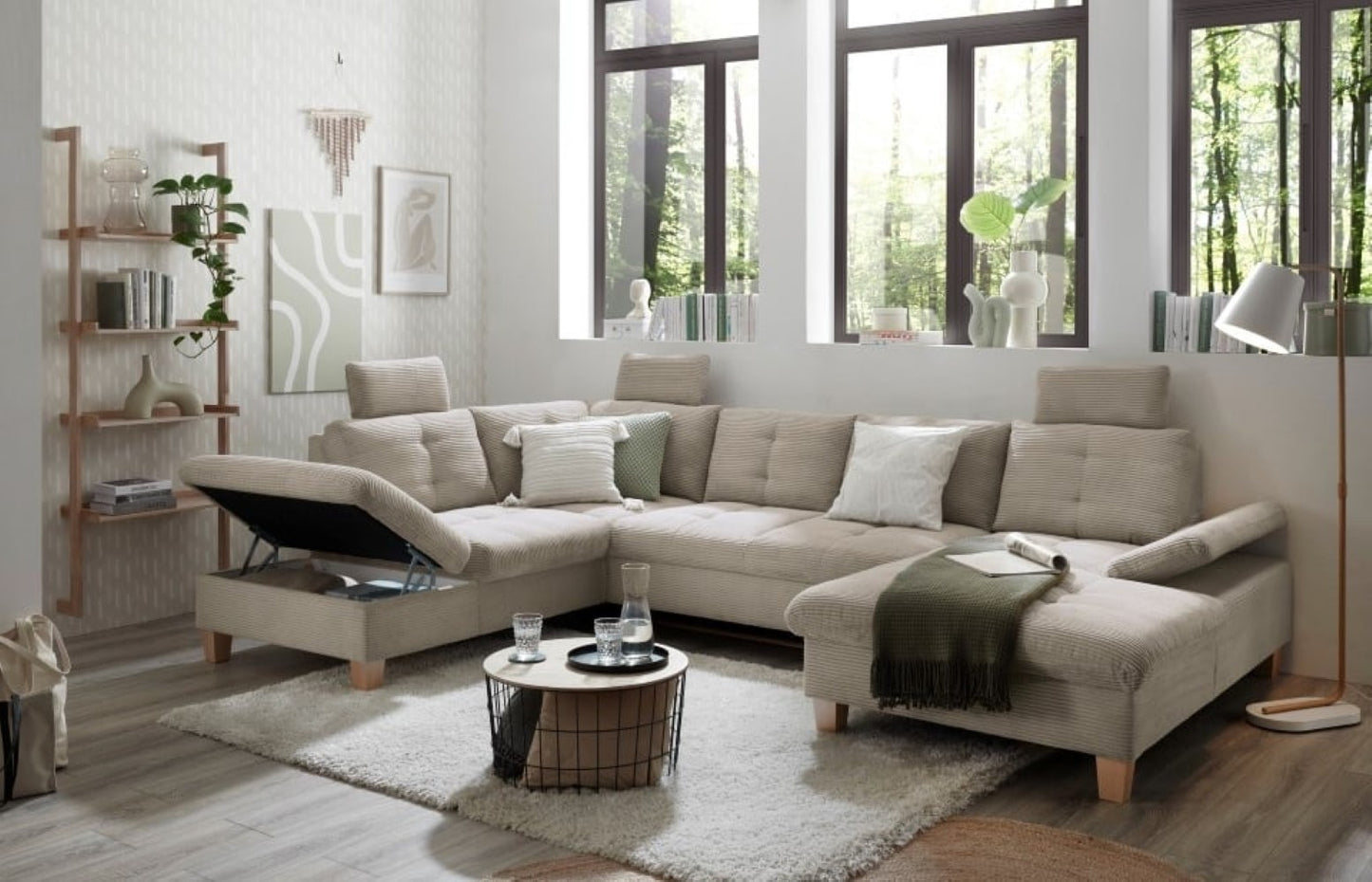 Wohnlandschaft "Ascot" von Ed Exciting Design in Breitcord mit Schlaffunktion, Bettkasten und variabler Kopfstütze