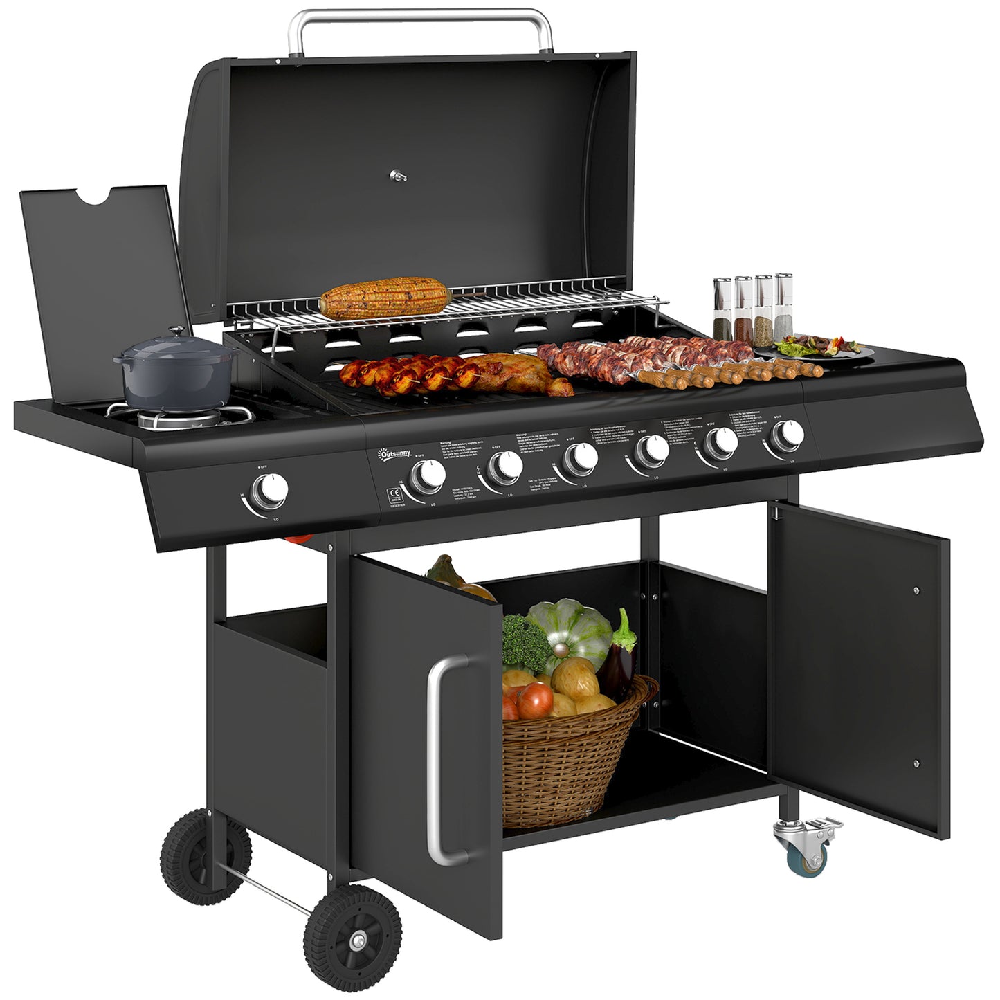 Outsunny Gasgrill 21,2 KW 6+1 Brenner BBQ Grillwagen aus Edelstahl inkl Rolle Seitenbrenner Thermometer Grillrost Kochfeld Seitentisch Gas-Grill für Balkon Camping 144,5 x 56 x 110cm Aosom