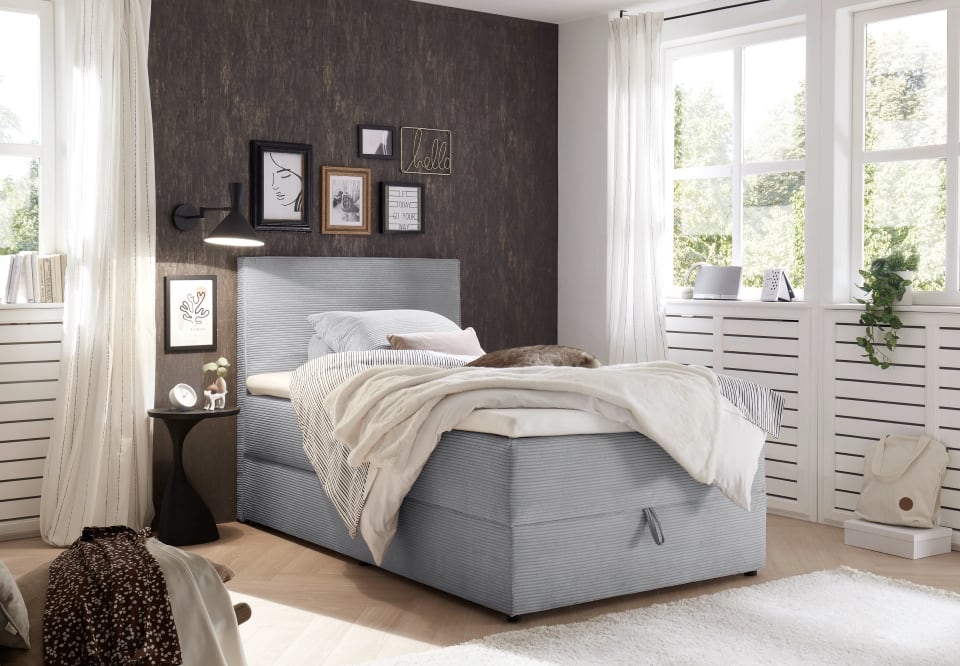Boxspringbett Larnaca 120x200 cm mit 9-Zonen-Tonnentaschenfederkern,Farbe Dove, Komfort-Topper und Bettkasten – ED Exciting Design