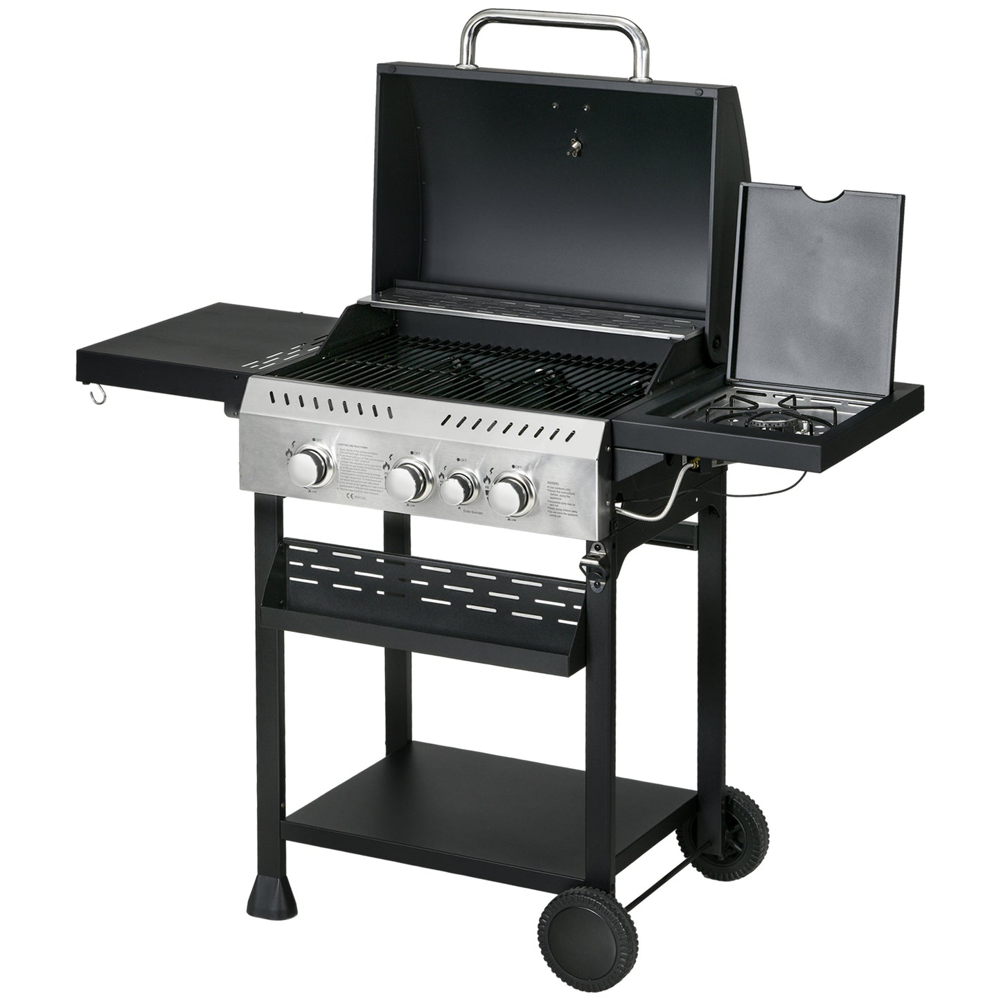 Outsunny Gasgrill 3 KW 3+1 Brenner BBQ Grillwagen aus Edelstahl inkl Seitenbrenner Thermometer Grillrost Kochfeld Flaschenöffner Seitenablagen Gas-Grill für Balkon Camping 123 x 52 x 101cm Aosom