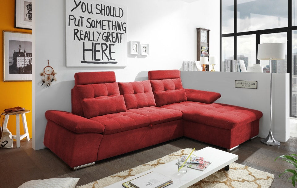 ED Exciting Design Nalo – Modernes Schlafsofa mit Bettkasten, verstellbaren Armlehnen und luxuriöser Uran Mikrofaser. Inklusive zwei Kopfstützen, in verschiedenen Farben wählbar