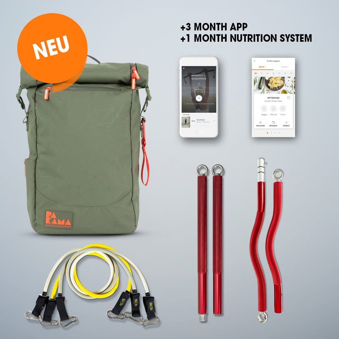 Fitnessstudio to Go (+3 Monate App), SZ Bar, Bands, Nutrition System 1 Monat - GOTHAM Green 2 Bars + Heavy Bands