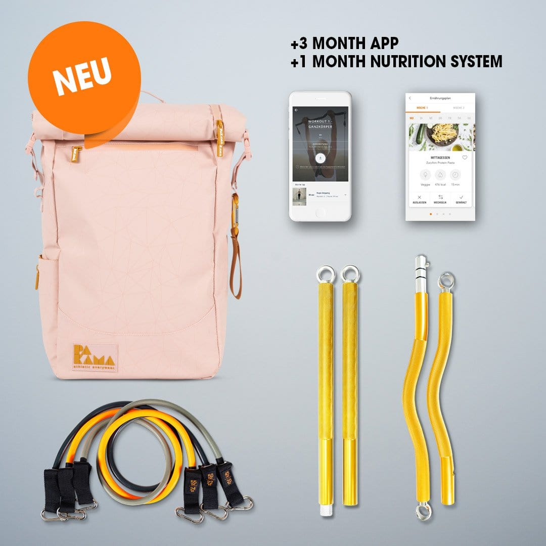 Fitnessstudio to Go (+3 Monate App), SZ Bar, Bands, Nutrition System 1 Monat - PARIS Pink 2 Bars + Extreme Bands