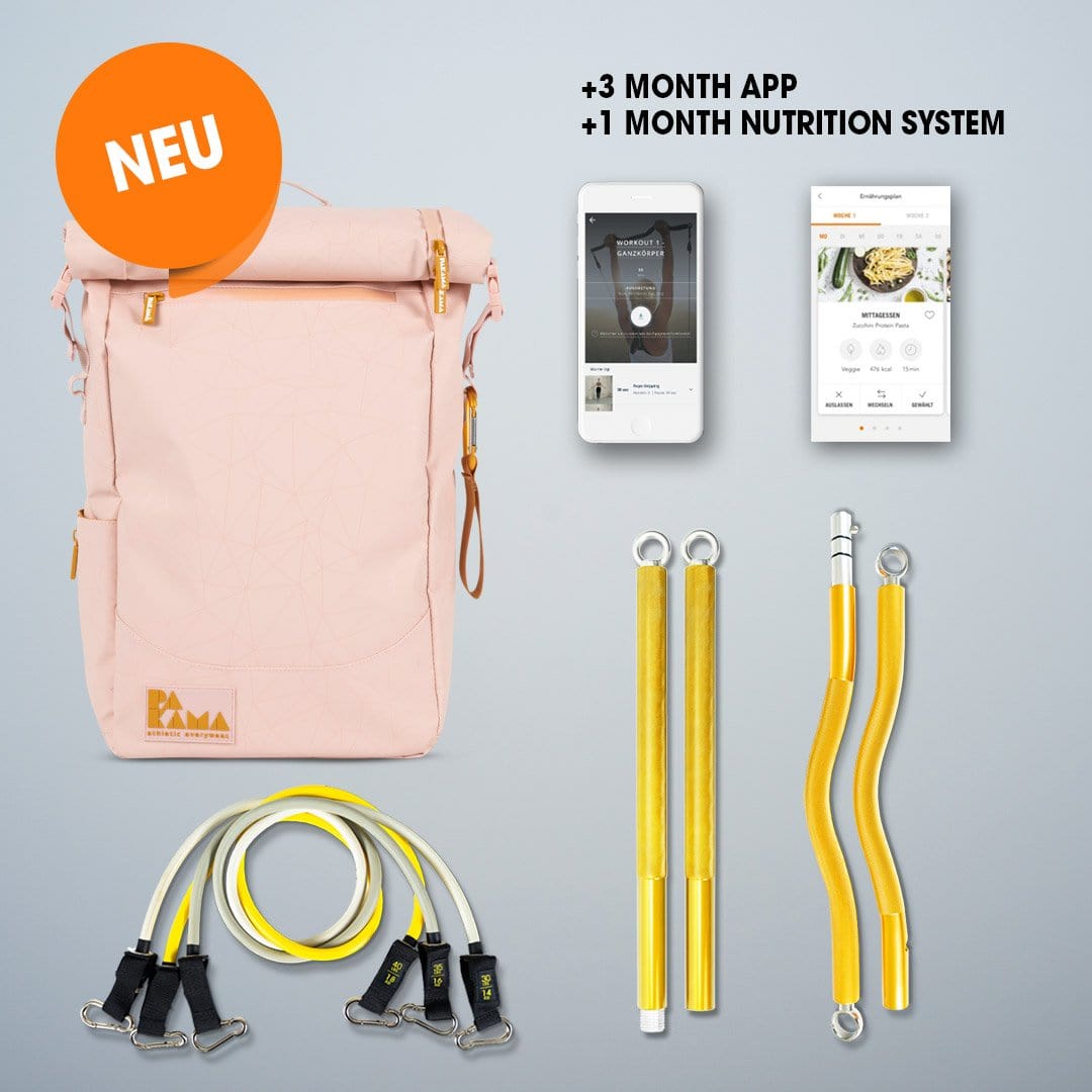 Fitnessstudio to Go (+3 Monate App), SZ Bar, Bands, Nutrition System 1 Monat - PARIS Pink 2 Bars + Heavy Bands