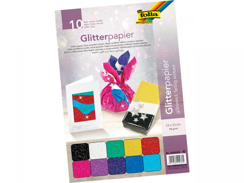 Folia Glitterpapier, 70 g/m², 23 x 33 cm, 10 Blatt sortiert