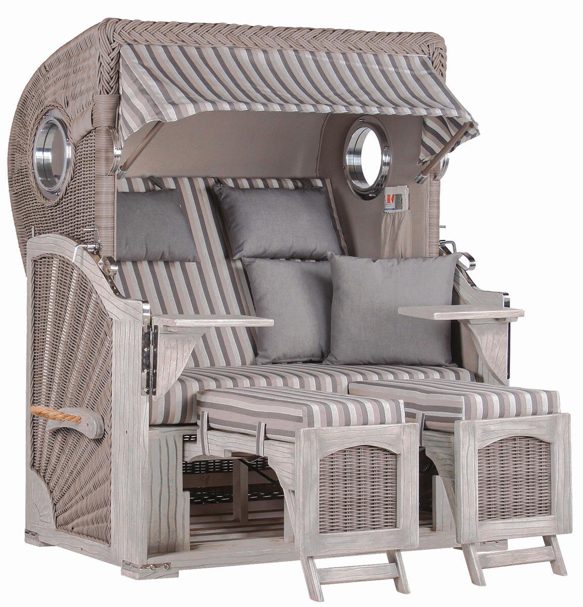 Strandkorb Düne Bullauge Mahagoni Washed Grey PE Koboo Grey Dessin 545