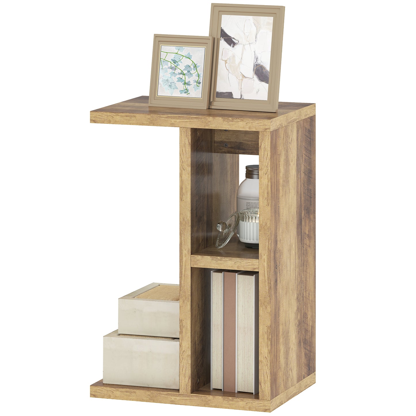 HOMCOM C-förmiger Couchtisch mit 3 Regalen und 2 offenen Fächern, Wohnzimmer- und Schlafzimmertisch, platzsparender Wohnzimmertisch, 40x29,8x60 cm, Braun Aosom