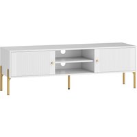 HOMCOM TV-Board Modern, 2 Türen, 2 offene Fächer, Kabeldurchführungen, Metallbeine, bis 65 Zoll (ca. 165 cm), 140 x 38 x 45,9 cm, Weiß Aosom