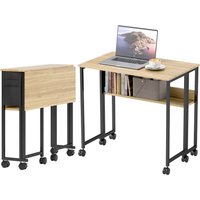 HOMCOM Klappbarer Schreibtisch auf Rollen, Computertisch 80 x 50 cm mit Regal und Aufbewahrungstasche, Schreibtisch für Home Office, Schlafzimmer, kleine Räume, Eiche Aosom