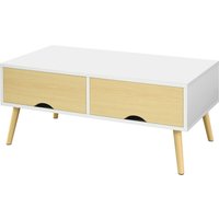 HOMCOM Rechteckiger Couchtisch mit 2 Schubladen und 1 offenen Fach 4 schräge Holzfüße - 90 x 48 x 39 cm - Weiß und Natur Aosom