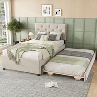 Einzelbett, Polsterbett 90x200, Rollbett Multifunktionales, mit Lattenrost und Rollcontainer, Einfache Montage, Platzsparendes Design, Beige Aosom.de
