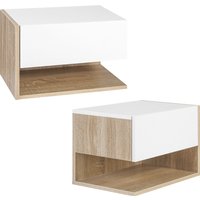 HOMCOM Set aus 2 Wand-Nachttischen - Set aus 2 Nachtischen - Ausziehbare Schublade, Regal, Ablage - Holz in Zweifarbenoptik Eiche Weiß Aosom
