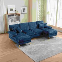 Modernes großes U-förmiges Chenille-Sofa mit Doppel-Liegesitzen, für Wohnzimmer, Wohnung, Villa, Blau
