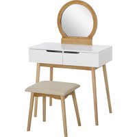 HOMCOM Coiffeuse Design scandinave Schminktisch mit Spiegel, 2 Schubladen und Hocker Weiß Kiefer Hell Aosom