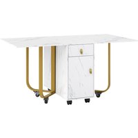 Klappbarer Esstisch, mit Aufschrank und 2 Schubladen, vielseitiger mit Rollen, flexibel für verschiedene Modi, bis 60 kg, 150 × 80 × 76 cm, Weiß+Gold