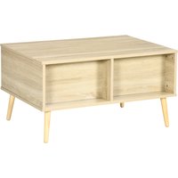 HOMCOM Rechteckiger Couchtisch Wohnzimmertisch mit klappbarem Tablett 2 Fächern und Truhe aus Holzmaßen 85L x 60B x 59,5H cm helle Holzoptik Aosom