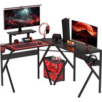 HOMCOM Gaming Schreibtisch Eckschreibtisch Gamer 125 x 125 cm in L-Form mit Kohlefaserplatte, Bildschirmhalter, Getränkehalter und Kopfhörerhaken, Schwarz Aosom
