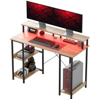 HOMCOM Computertisch Schreibtisch mit umkehrbarem Regal 120 cm - LED-Lichter, Aufbewahrungsregale, Bildschirmhalter, Kabeldurchlass, Computertisch für Home Office und Studium, Naturholz Aosom