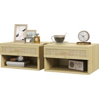 HOMCOM Set von 2 bohemischen Wandnachttischen Nachttisch - ausziehbare Schublade, Fach, Regal - Holz mit geflochtener Rattanfront Maße 40L x 34B x 23H cm Aosom