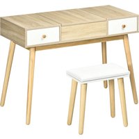 HOMCOM Frisierkommode Set mit Schminktisch Hocker klappbarer Spiegel skandinavischer Stil 2 Schubladen 2-in-1 Schreibtisch - 100 x 45 x 118 cm Aosom