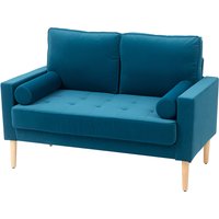 HOMCOM Zweisitzer-Sofa modernes Samtsofa 127 cm, dicke Federkissen, Kautschukholzbeine, 2 Kissen und geknöpfte Sitzfläche, Zweisitzer für Wohnzimmer, Schlafzimmer, kleine Räume, blau Aosom