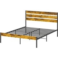HOMCOM Doppelbettgestell 160 x 200 cm Doppelbett im Industriestil mit Stauraum unter dem Bett, Lattenrost, Kopfteil und Fußteil - aus Holz und Stahl, dunkle Holzoptik und Schwarz Aosom