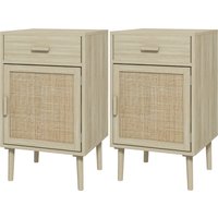 HOMCOM Set mit 2 Nachttischen für das Schlafzimmer mit Schublade und Tür im Boho-Rattan-Stil, Beistelltische in Naturholzoptik Aosom