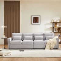 Sofa 3 Sitzer Große 4-Sitzer Sofa Leinenoptik mit Taschen an den Armlehnen und 4 Lendenkissen, Bequeme Sitzgelegenheit, 264x83x87 cm, Grau Aosom.de