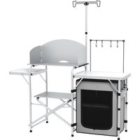 Outsunny Campingküche klappbar mit UV-Schutz und Windschutz, Outdoor Küche mit 3 Arbeitsplatten und Schränkfach, Aluminium Lichtständer Aosom.de