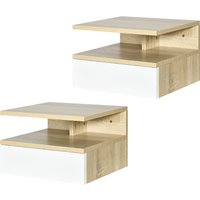 HOMCOM Set von 2 Wand-Nachttischen - Set von 2 Nachttischen - Schublade, Fach, Platte - Spanplatten Hell Eiche und Weiß Aosom
