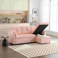 L-förmiges Samt-Sofa, ausziehbares und umwandelbares Schlafsofa mit Stauraumsitzen, Rosa