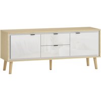 HOMCOM TV-Schrank 120 cm, 2 Hochglanztüren, TV-Möbel für bis zu 55 Zoll, 2 leise Schubladen, verstellbare Regale, moderner Stil, TV-Bank für Wohnzimmer, Schlafzimmer, Weiß und Eiche Aosom