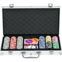 SPORTNOW Pokerkoffer Set 300 Chips 11,5g Komplett Pokerset mit Schloss 2 Decks 5 Würfeln Dealer Blind Buttons in Silber Aosom.de