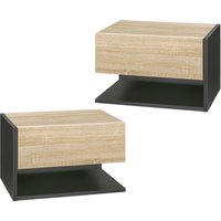 HOMCOM Set von 2 Wandnachttischen - Set von 2 Nachttischen - Schublade, Regal, Ablage - Zweifarbiges Eichenholz-Schwarz Aosom